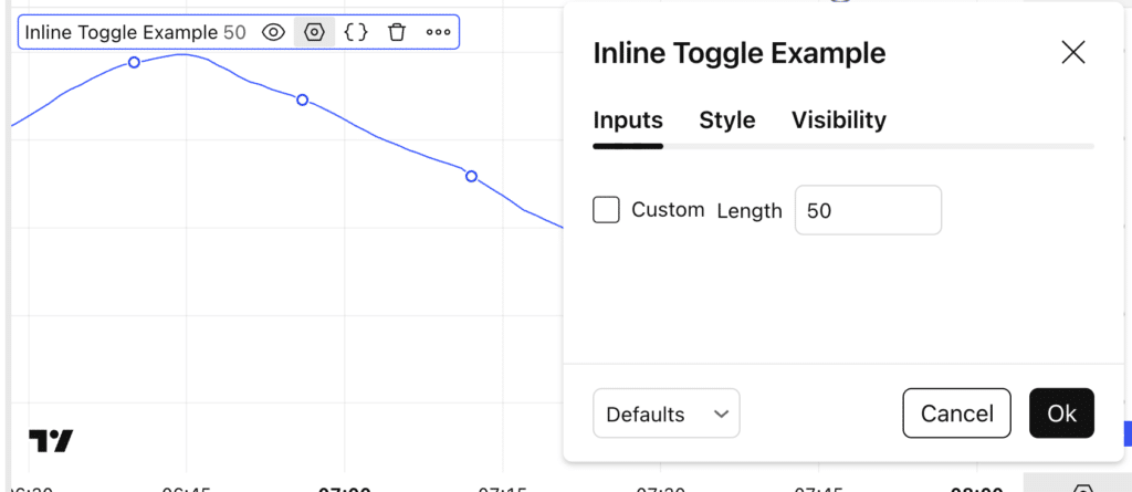 Pine Script v6 inputs panel showing inline parameters aligned on the same row in TradingView