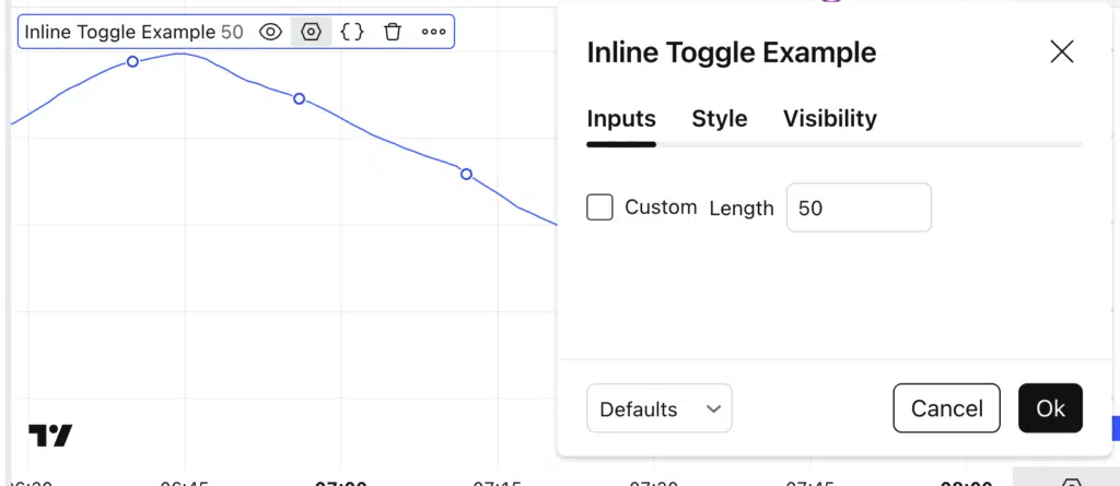 Pine Script v6 inputs panel showing inline parameters aligned on the same row in TradingView